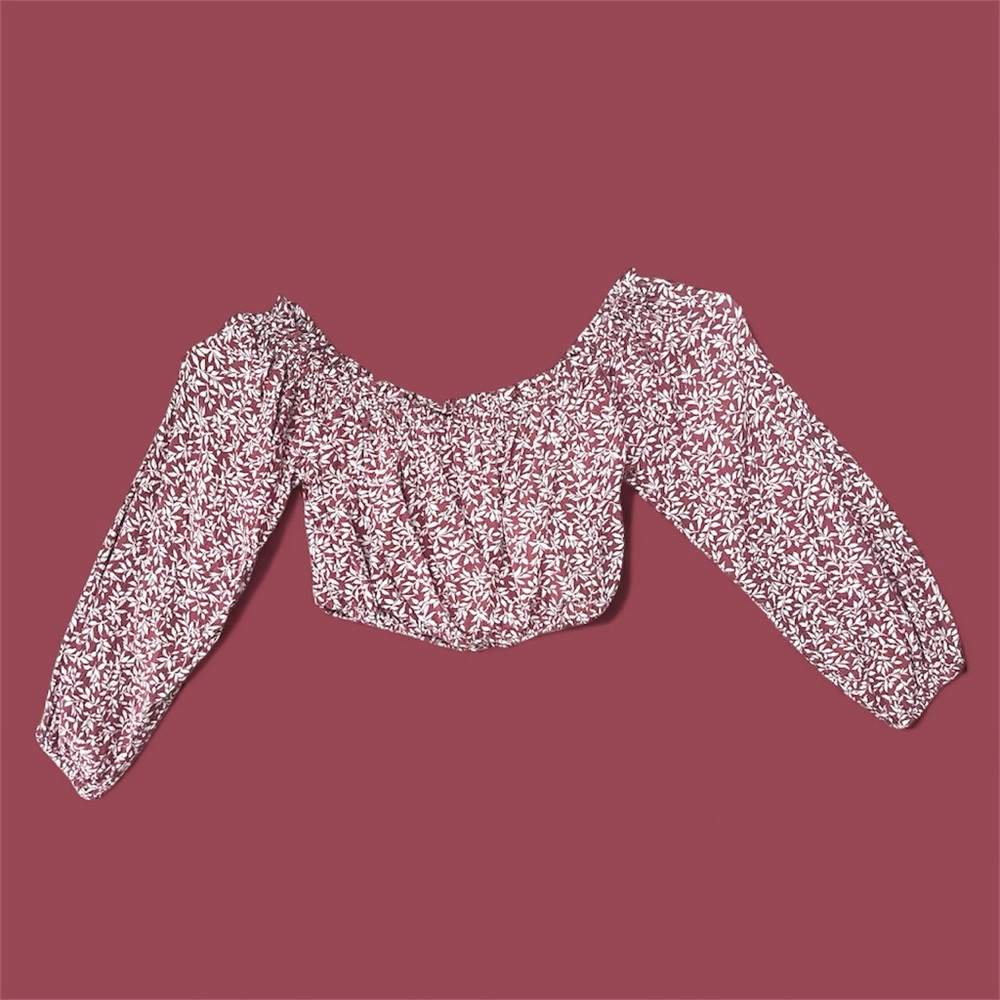 Rust Red & White Floral Peasant Blouse Off Shoulder Long Sleeve Top | Size S